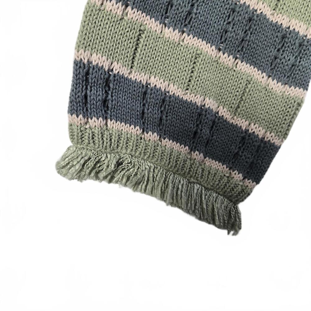 Hem & Thread Green Blue Cream Striped Crop Knit Sweater Fringe Hem Cozy Preppy M - Picture 4 of 9